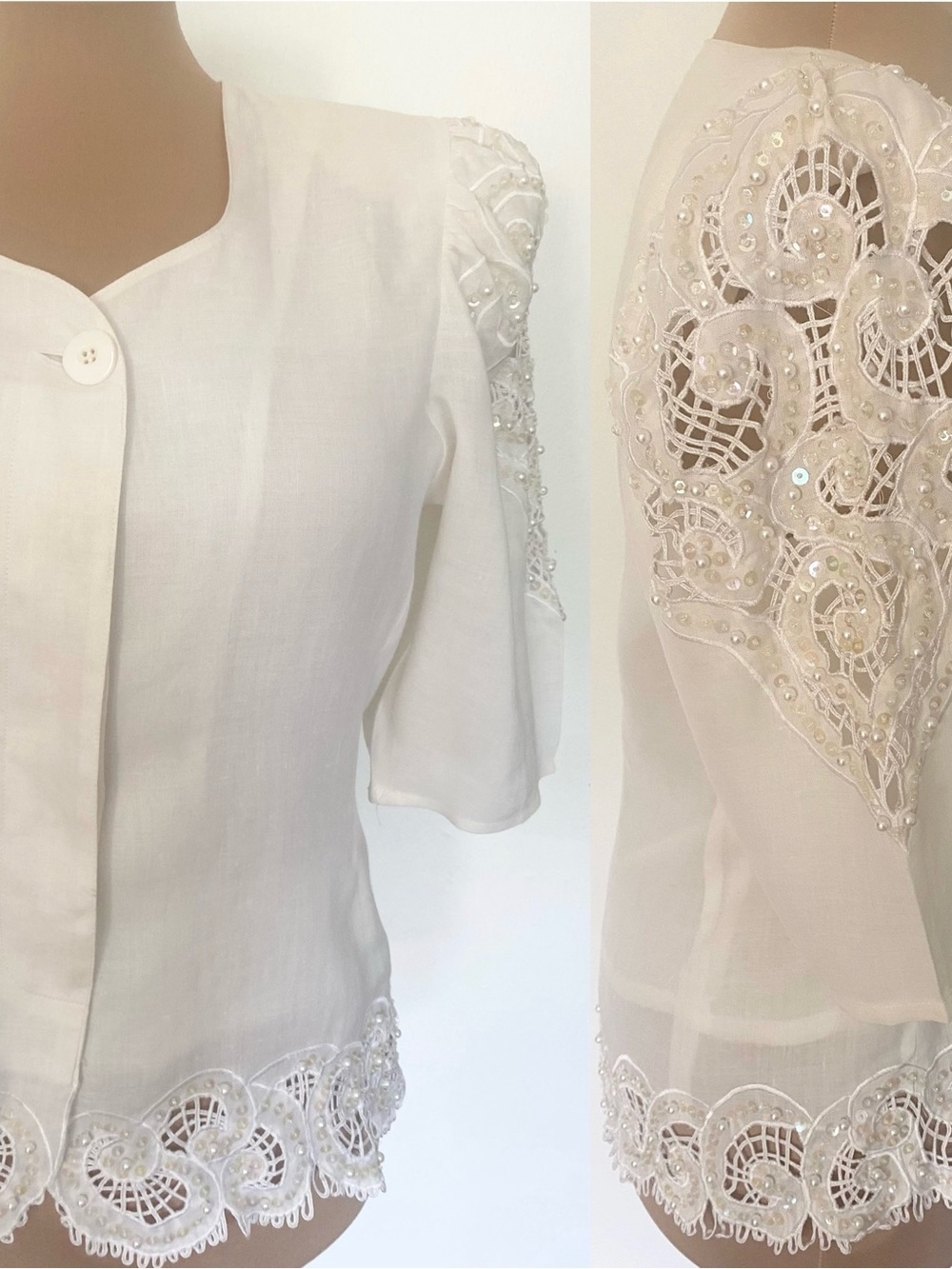 Vintage 80s ANNE FRENCH Pearl Embellished Blouse *Size 10* Ivory Linen Sequins